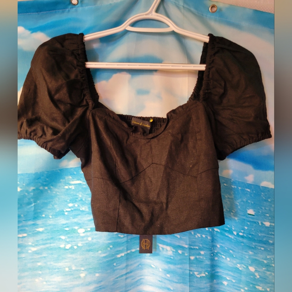 Black Puff-Sleeve Cropped Top - Unknown Brand